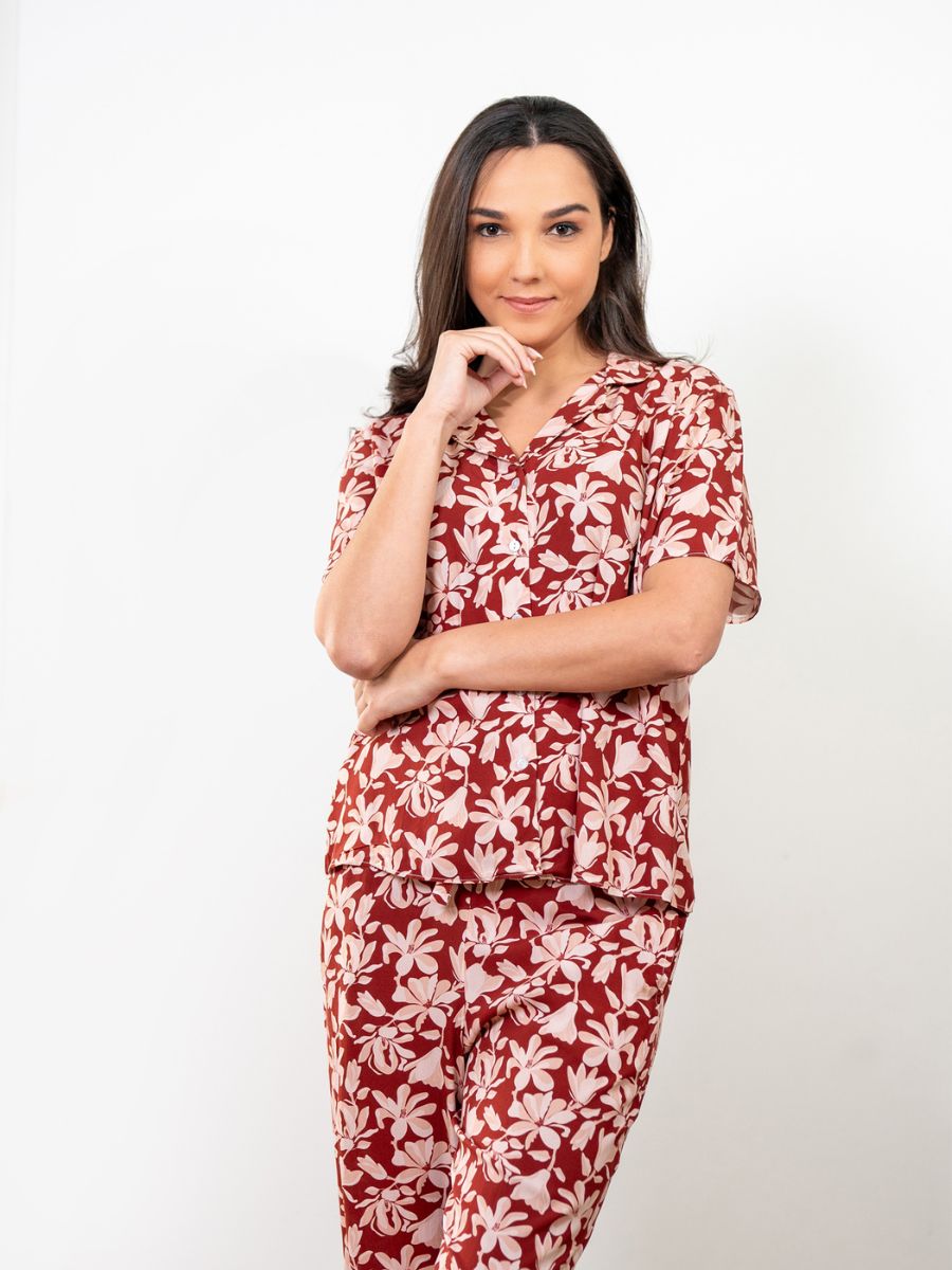 Ariella S/S Classic LPJ Set in Maroon Floral Multi 3