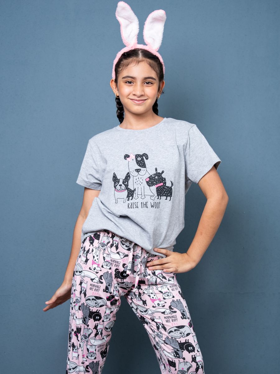 Clair Graphic Tee & Cuffed Long Pant Grey Marl & Puppy Print