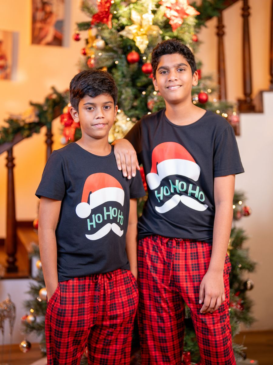 Criston – Boys Graphic Tee &amp; Long PJ Set in Black &amp; Red Multi Checks 1