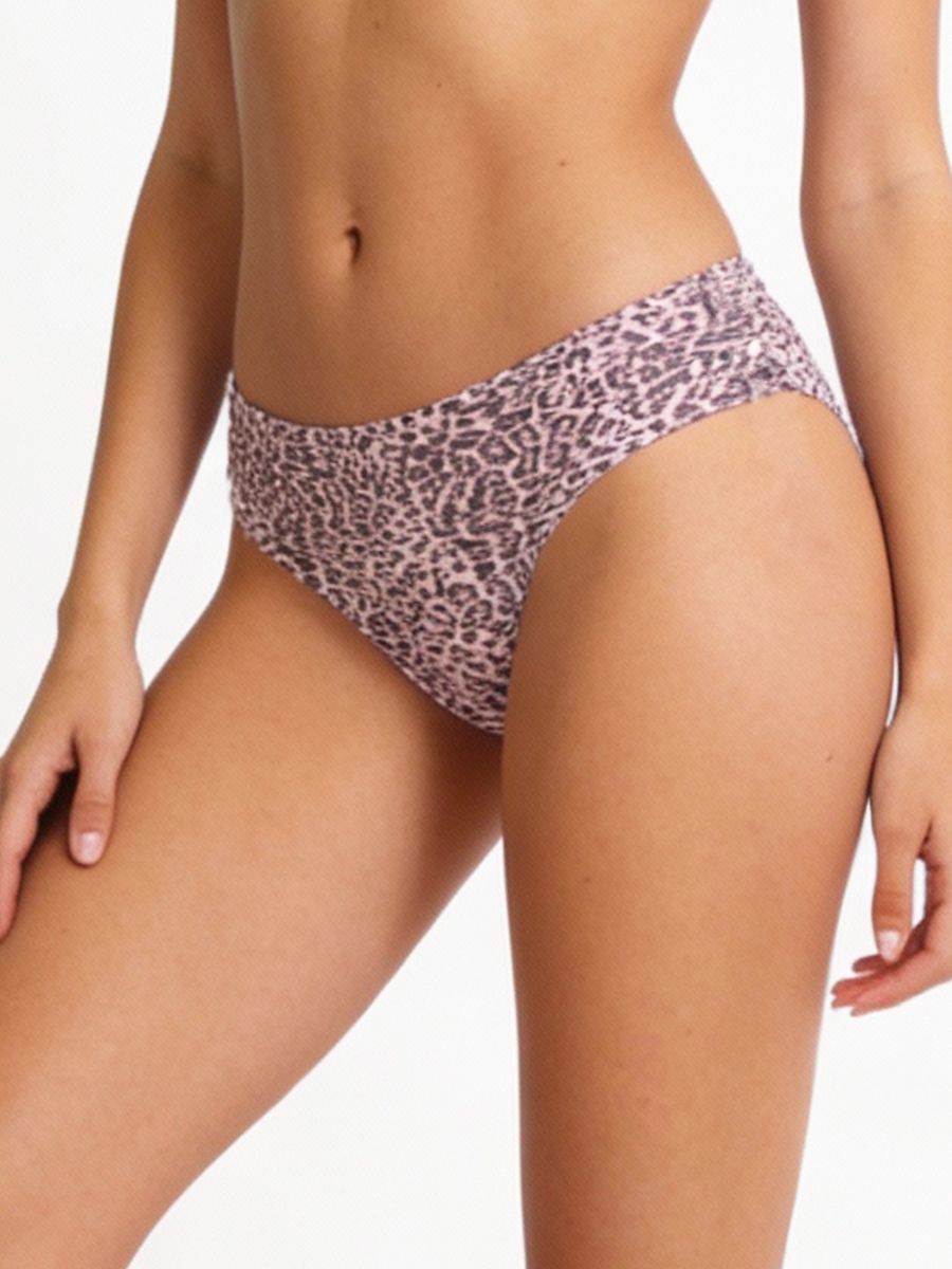 Leopard print bikini bottom worn by a person on a white background