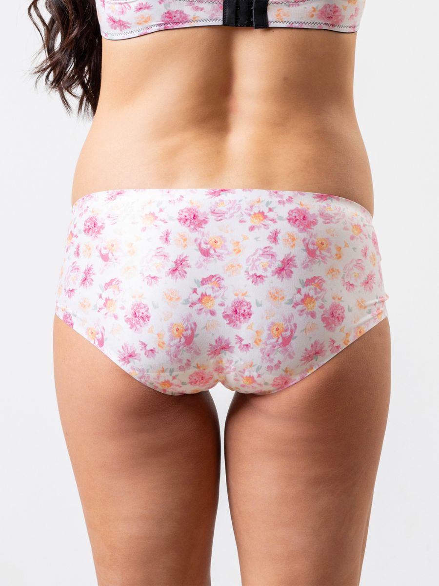 Floral-patterned underwear on a plain background