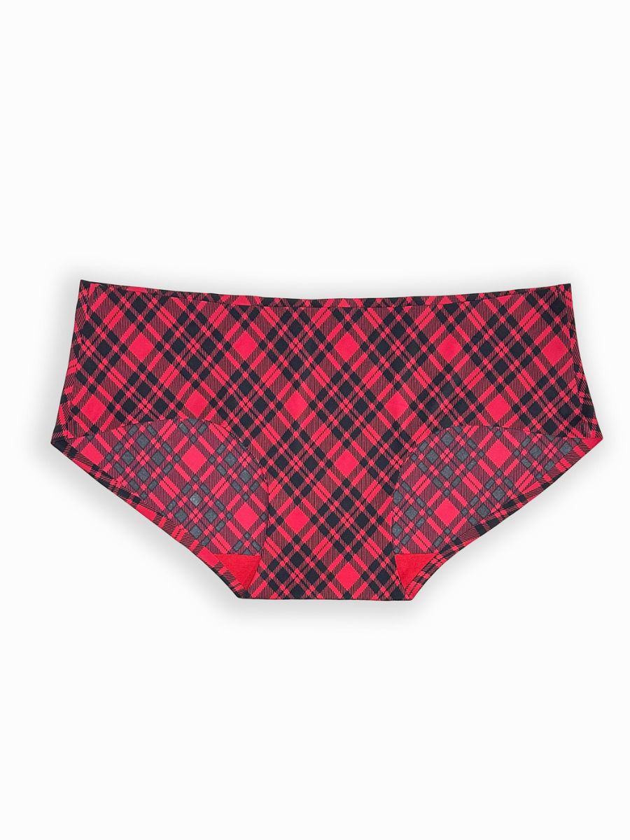 Red and black plaid patterned underwear on a white background