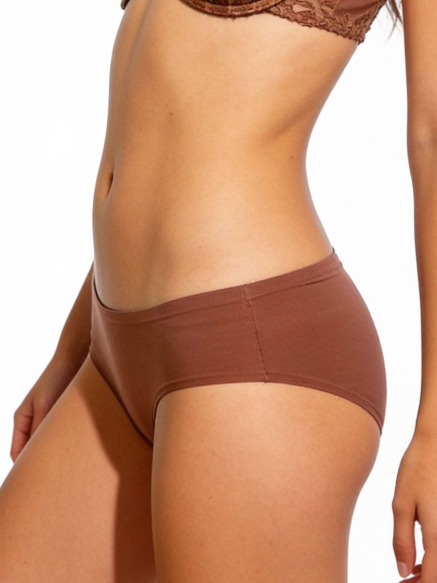 Brown lace bra and panties set on a white background