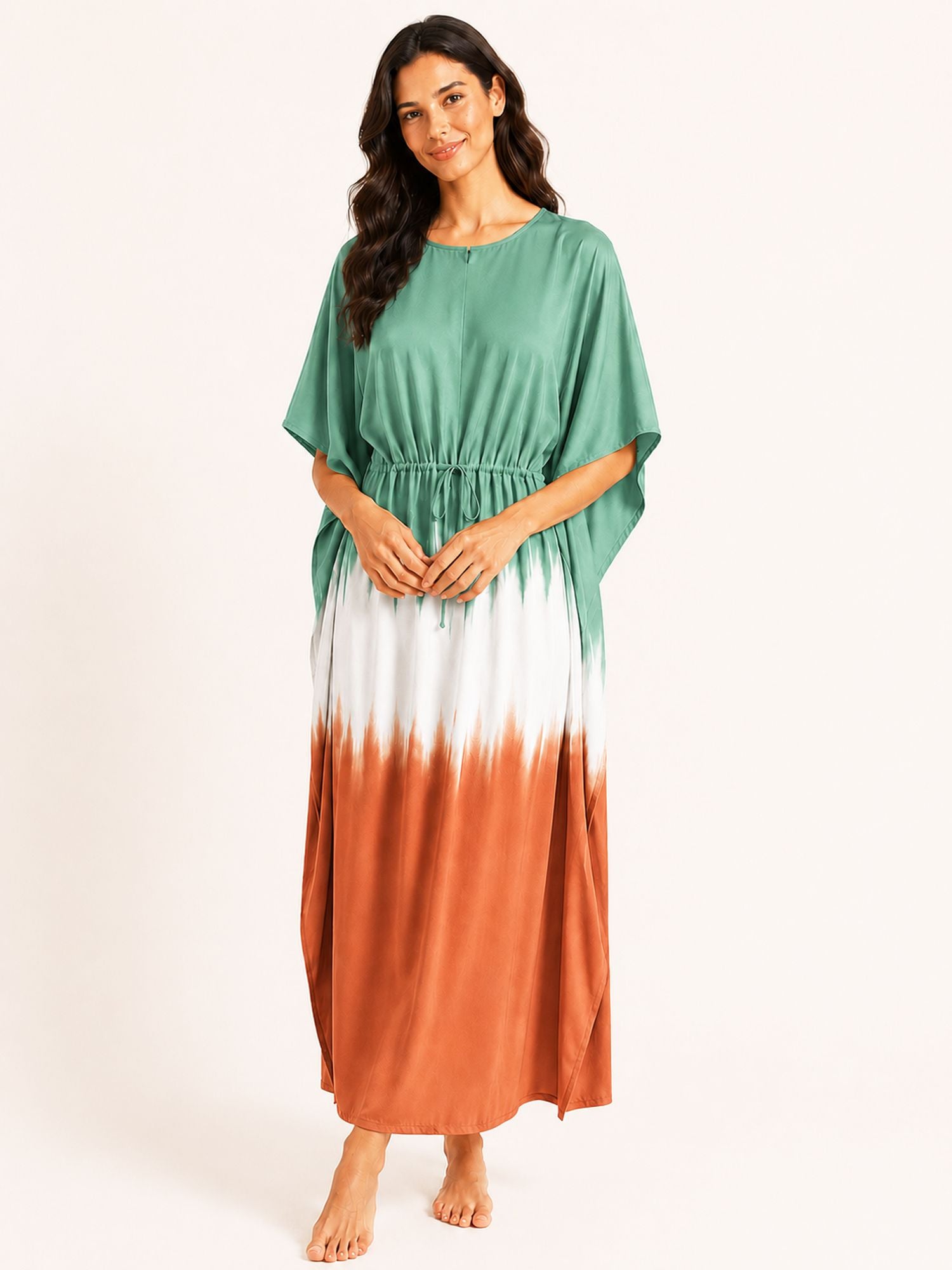 Aditi – Long Kaftan Dress in Green &amp; Orange Tie Dye
