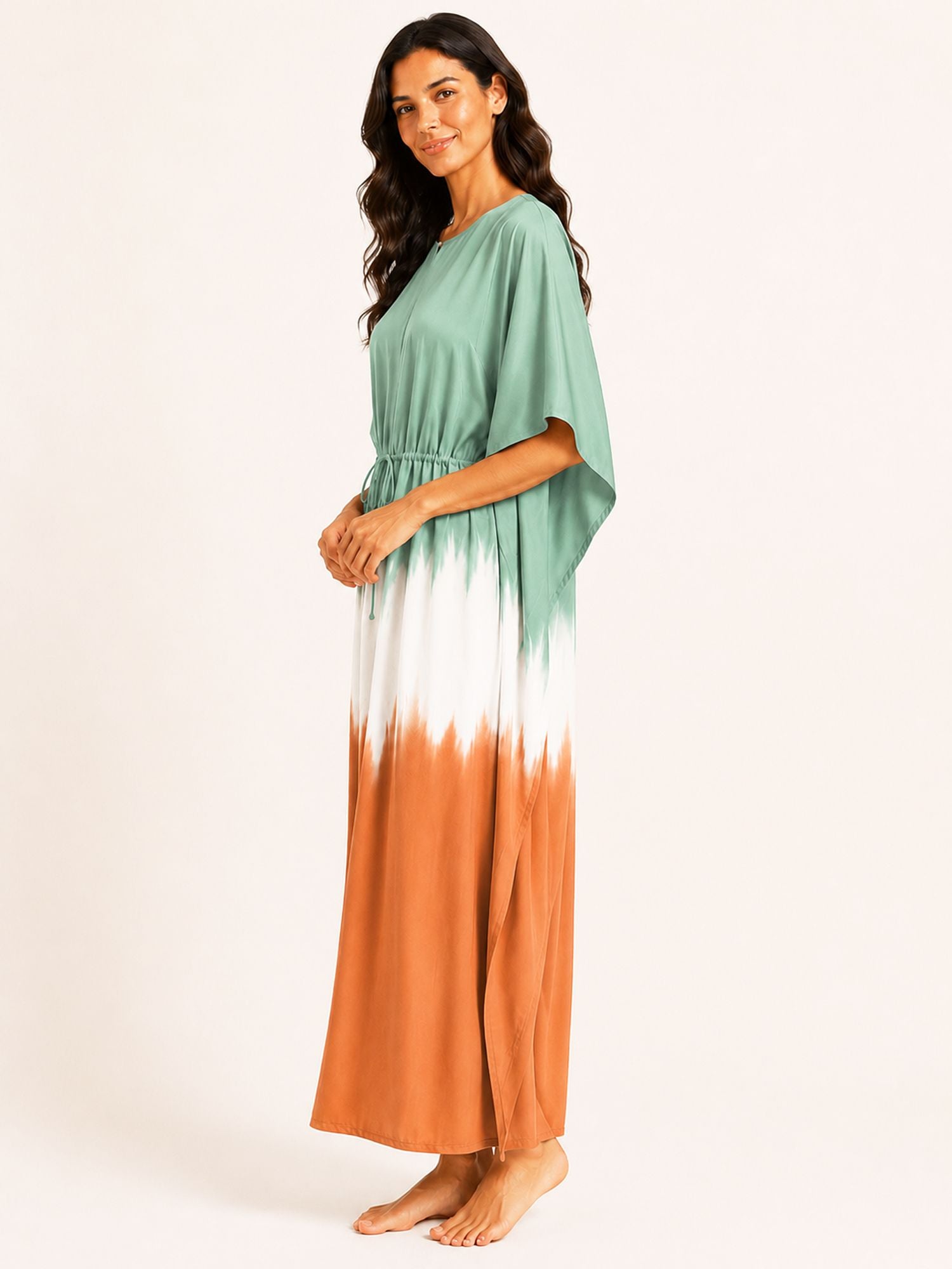 Aditi – Long Kaftan Dress in Green &amp; Orange Tie Dye