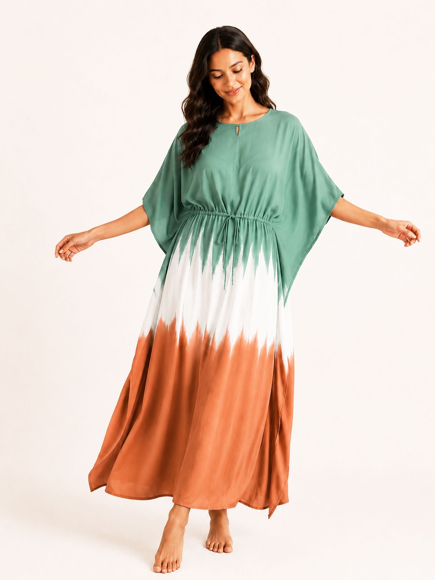 Aditi – Long Kaftan Dress in Green &amp; Orange Tie Dye