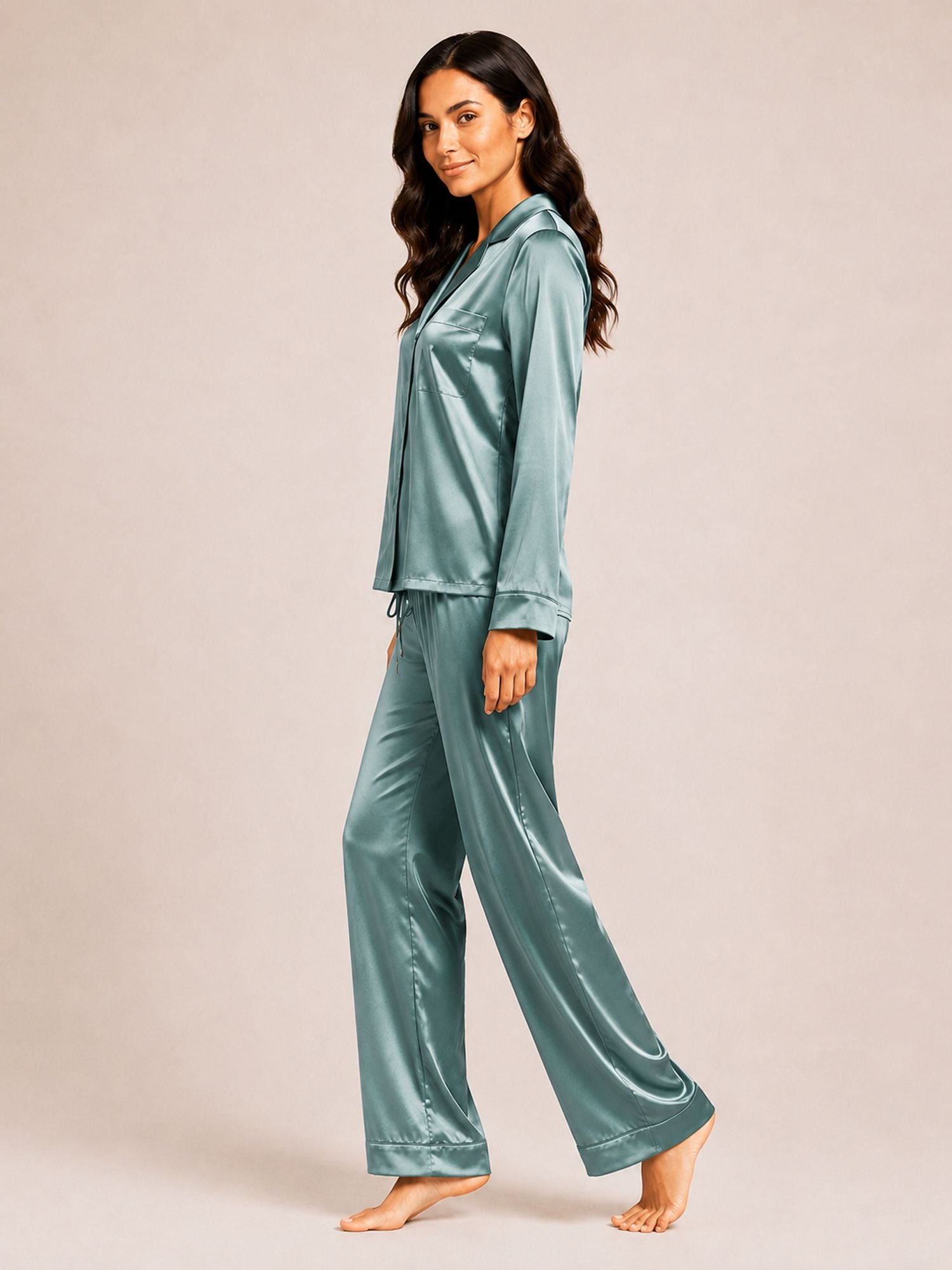 Akira – Satin Long Pyjama Set in Mila Blue