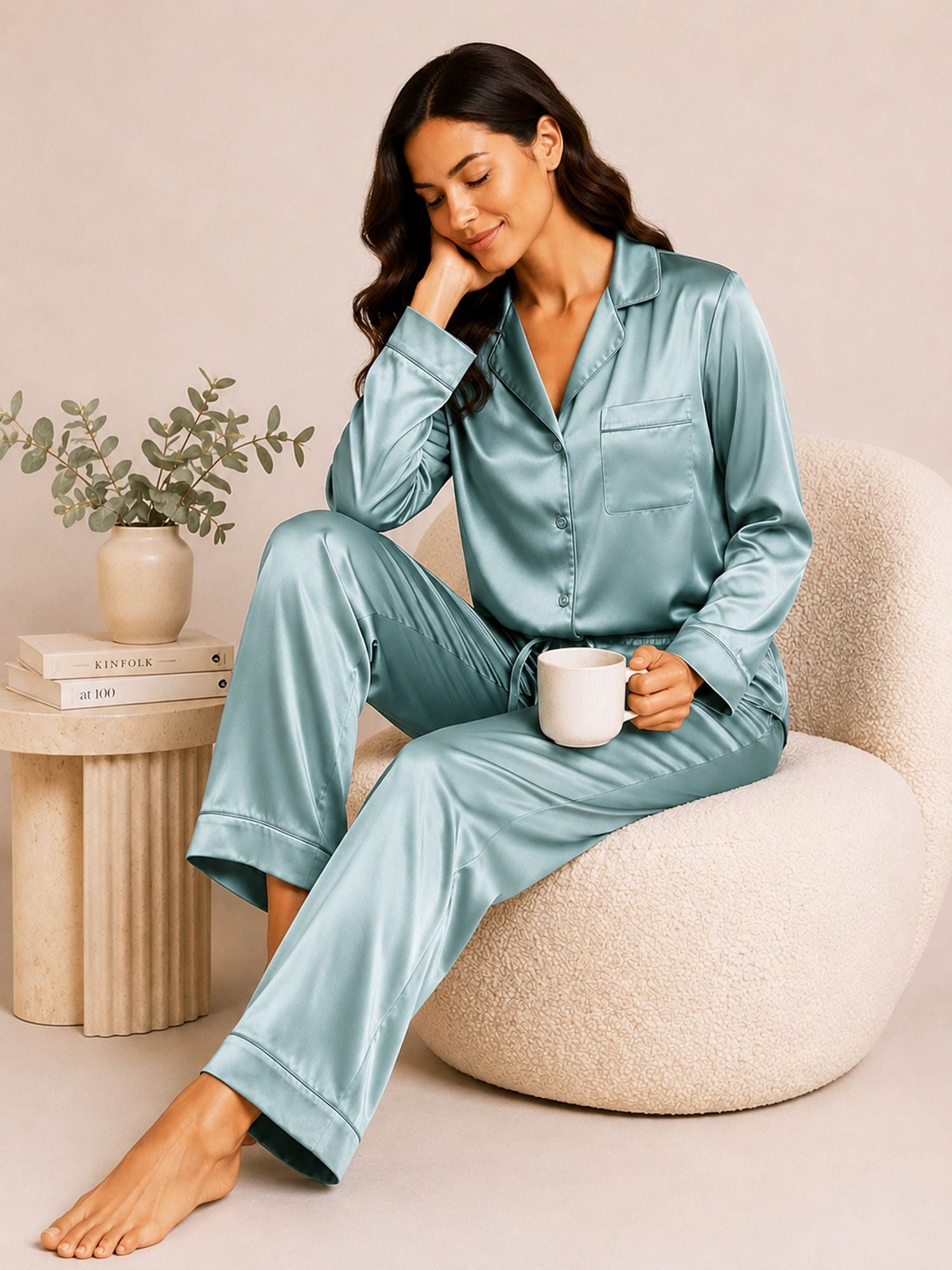 Akira – Satin Long Pyjama Set in Mila Blue