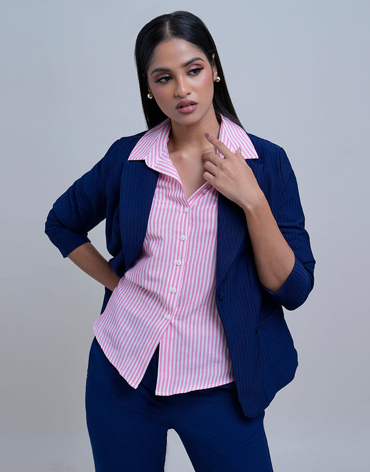 Folded Sleeve Striped Shirt Blouse