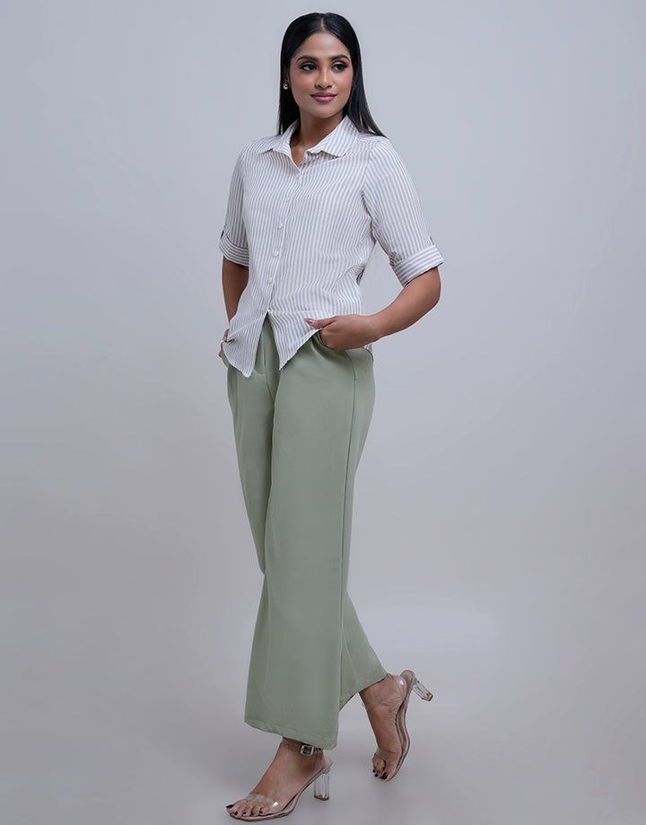 Folded Sleeve Striped Shirt Blouse