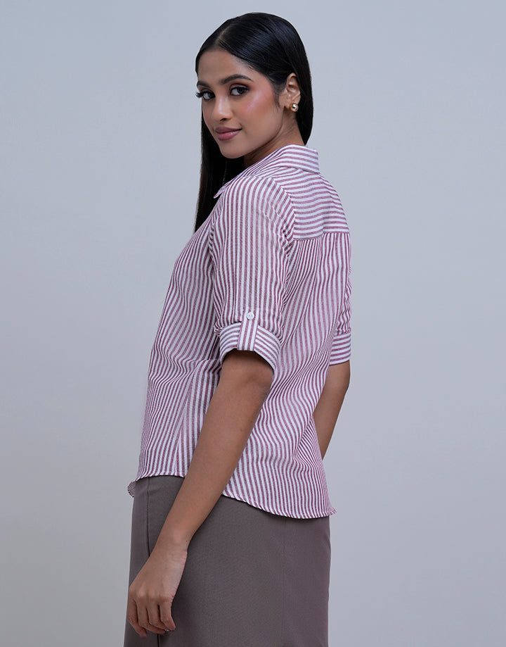 Folded Sleeve Striped Shirt Blouse