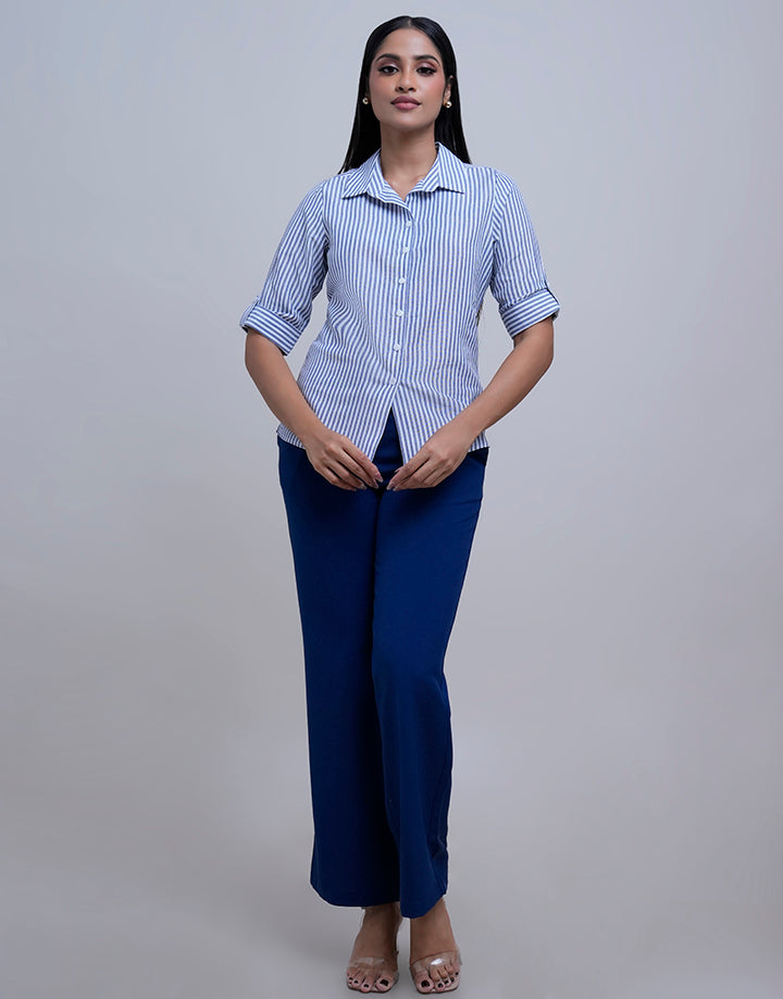 Folded Sleeve Striped Shirt Blouse