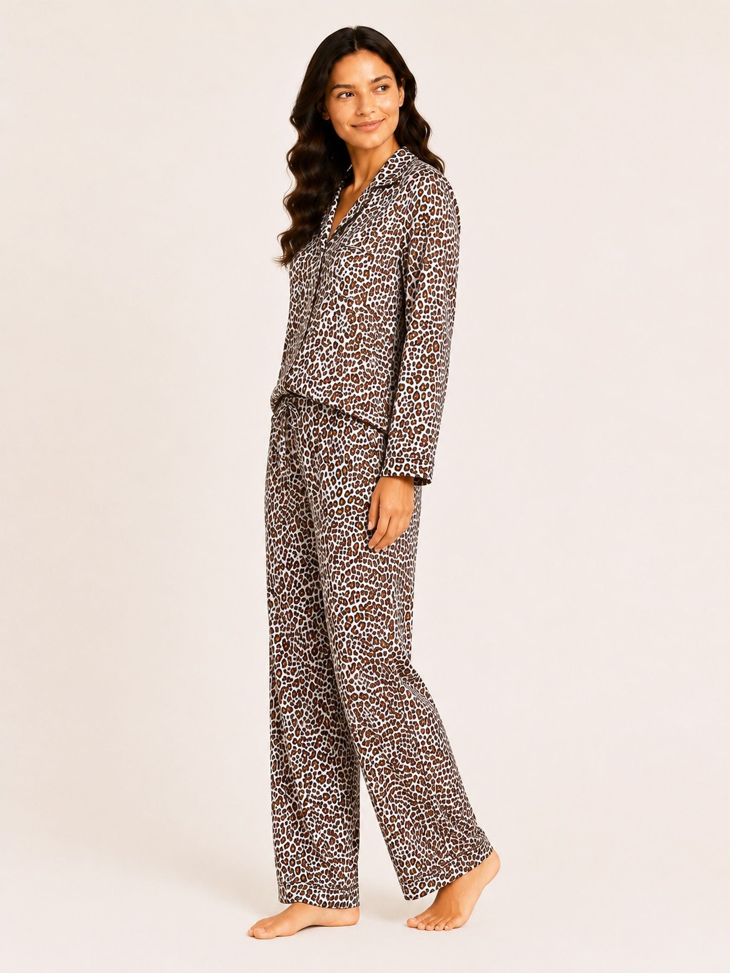 Akira – Satin Long Pyjama Set in Beige Leopard Multi