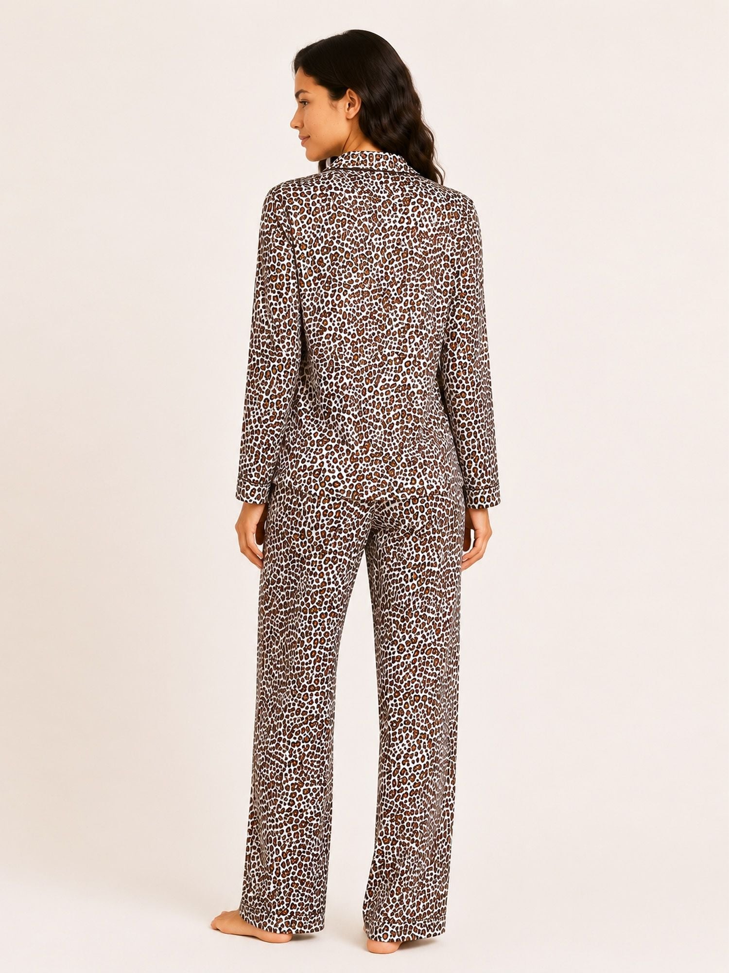 Akira – Satin Long Pyjama Set in Beige Leopard Multi