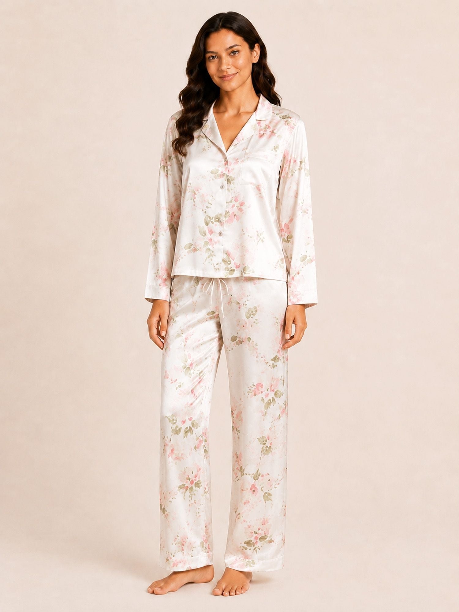 Akira – Satin Long Pyjama Set in Floral Multi