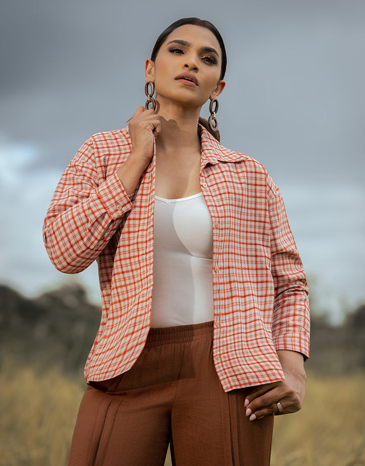 Long Sleeve Checked Shirt Blouse
