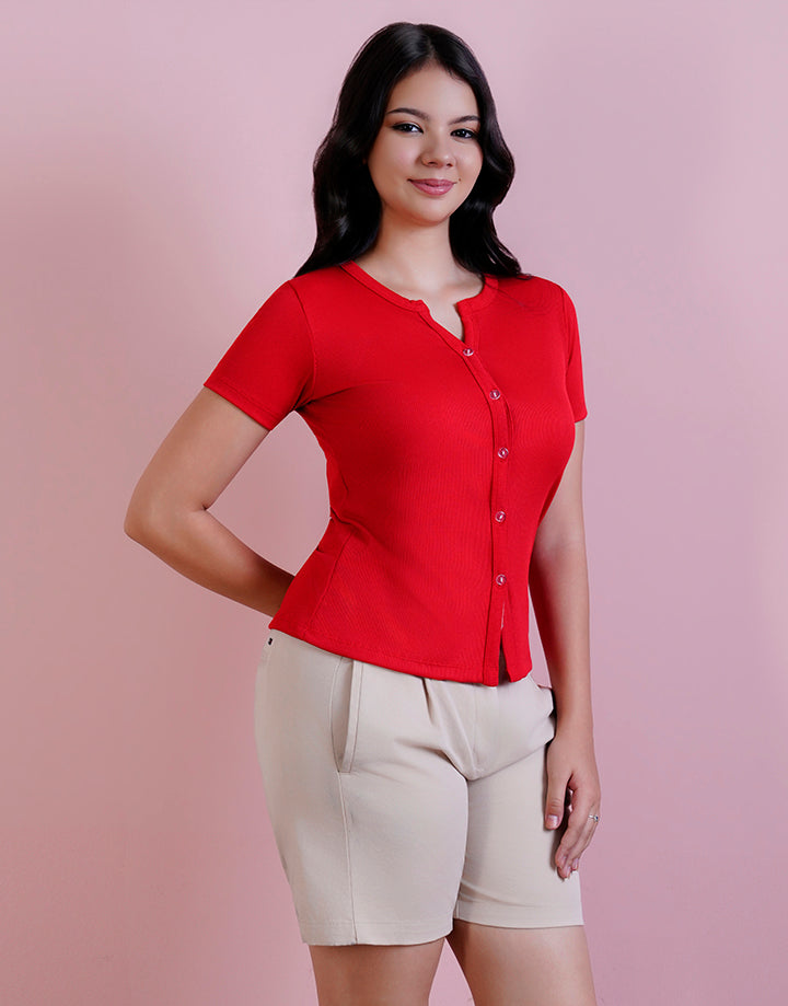 Split Neck Top with Short Sleeve