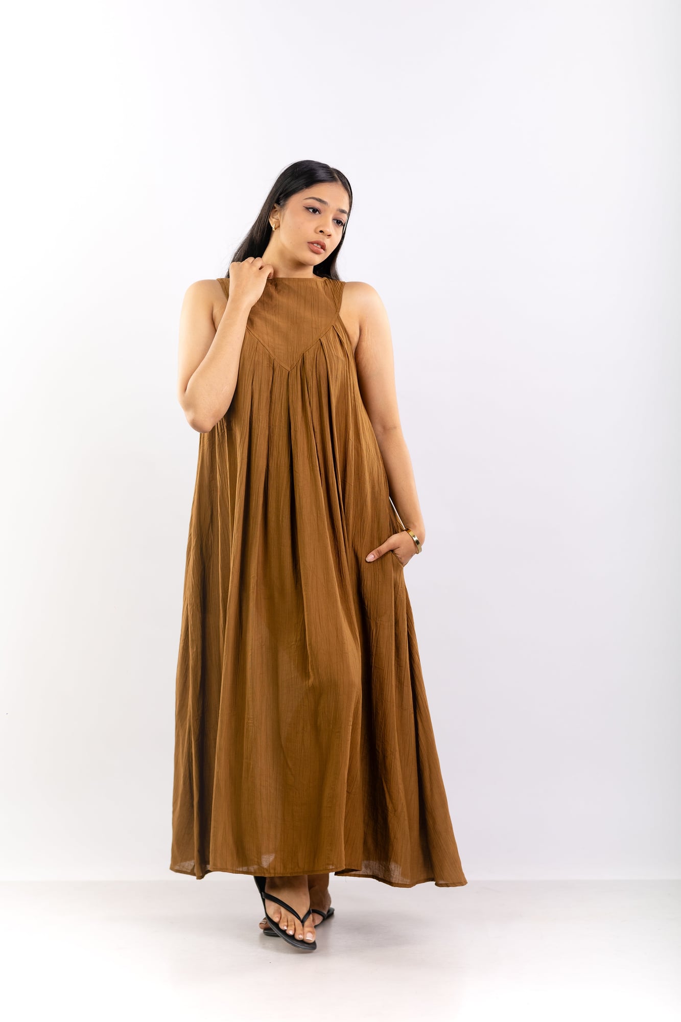 Brown Pleated Crinkle dress
