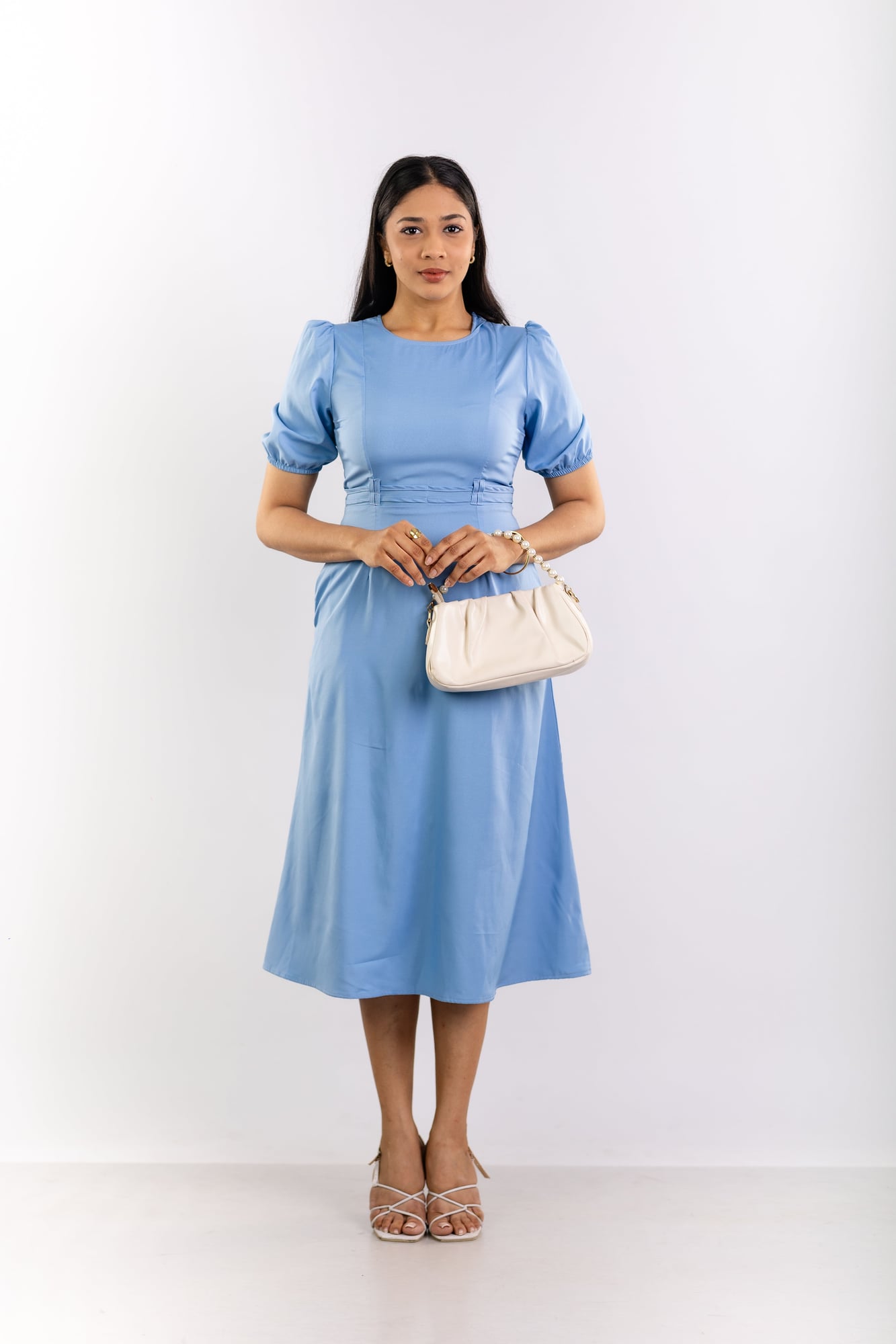 Sky Blue Puff-Sleeve Midi Dress