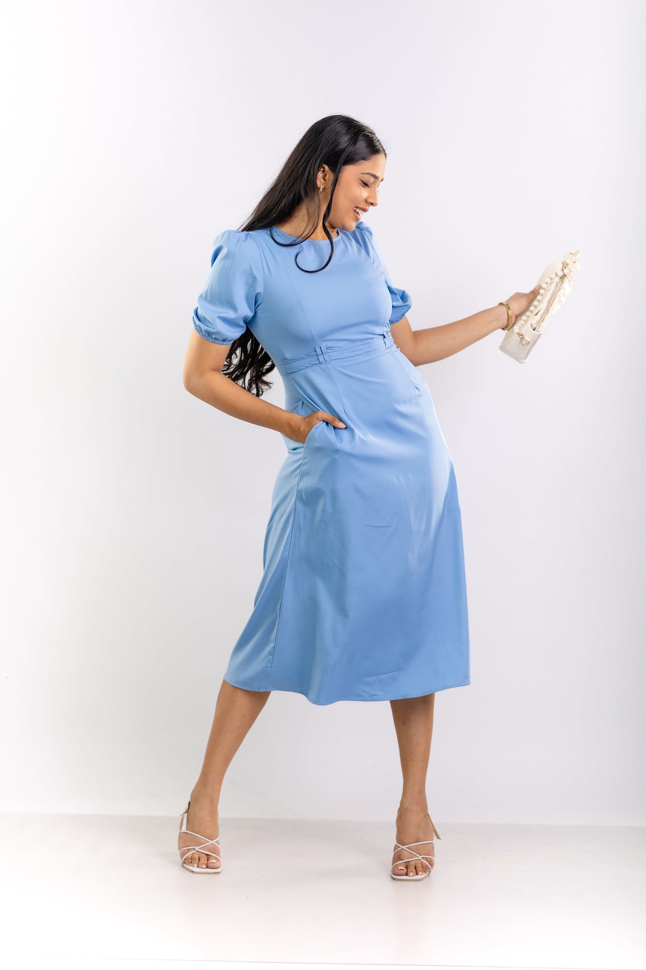 Sky Blue Puff-Sleeve Midi Dress