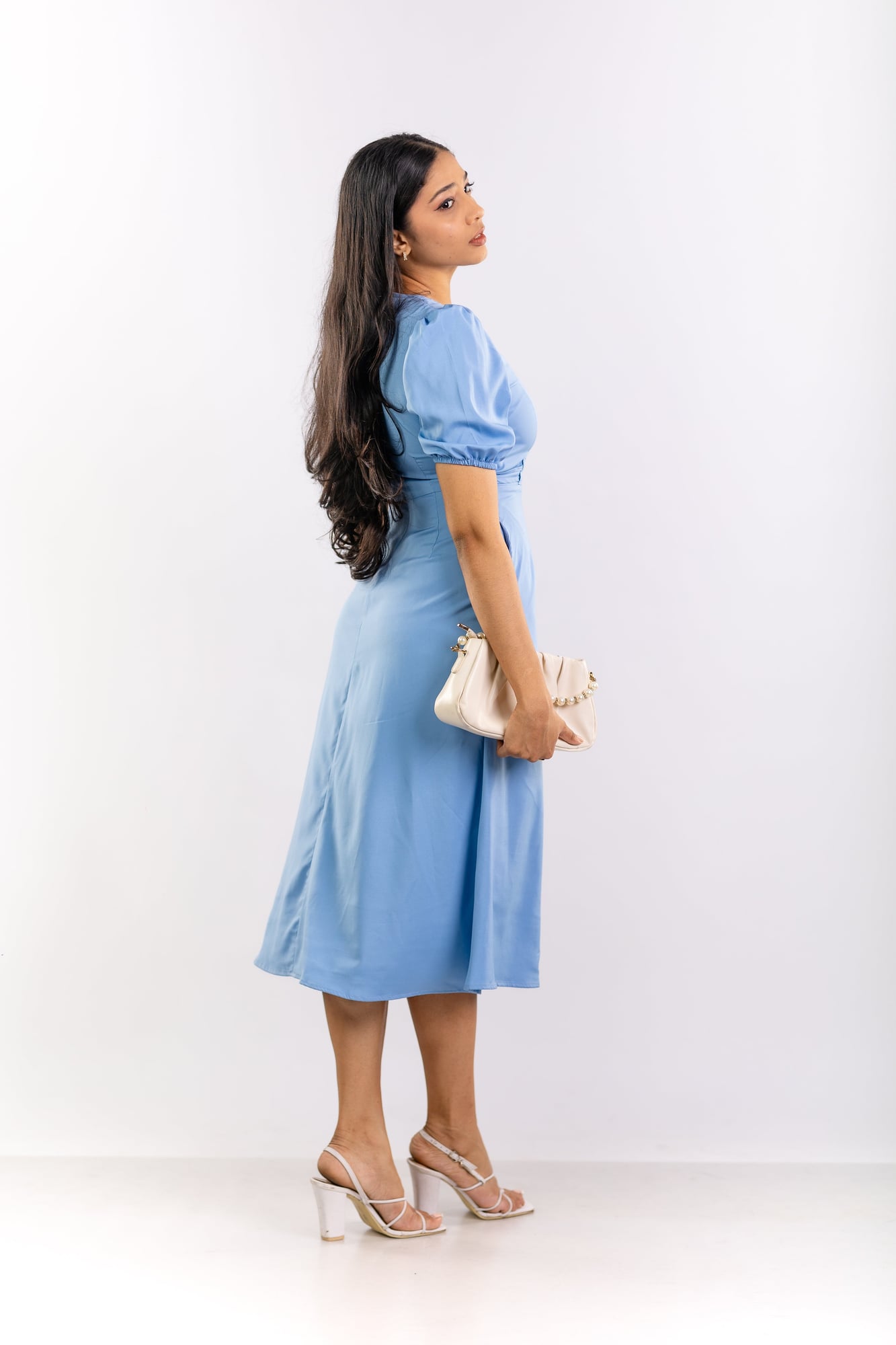 Sky Blue Puff-Sleeve Midi Dress