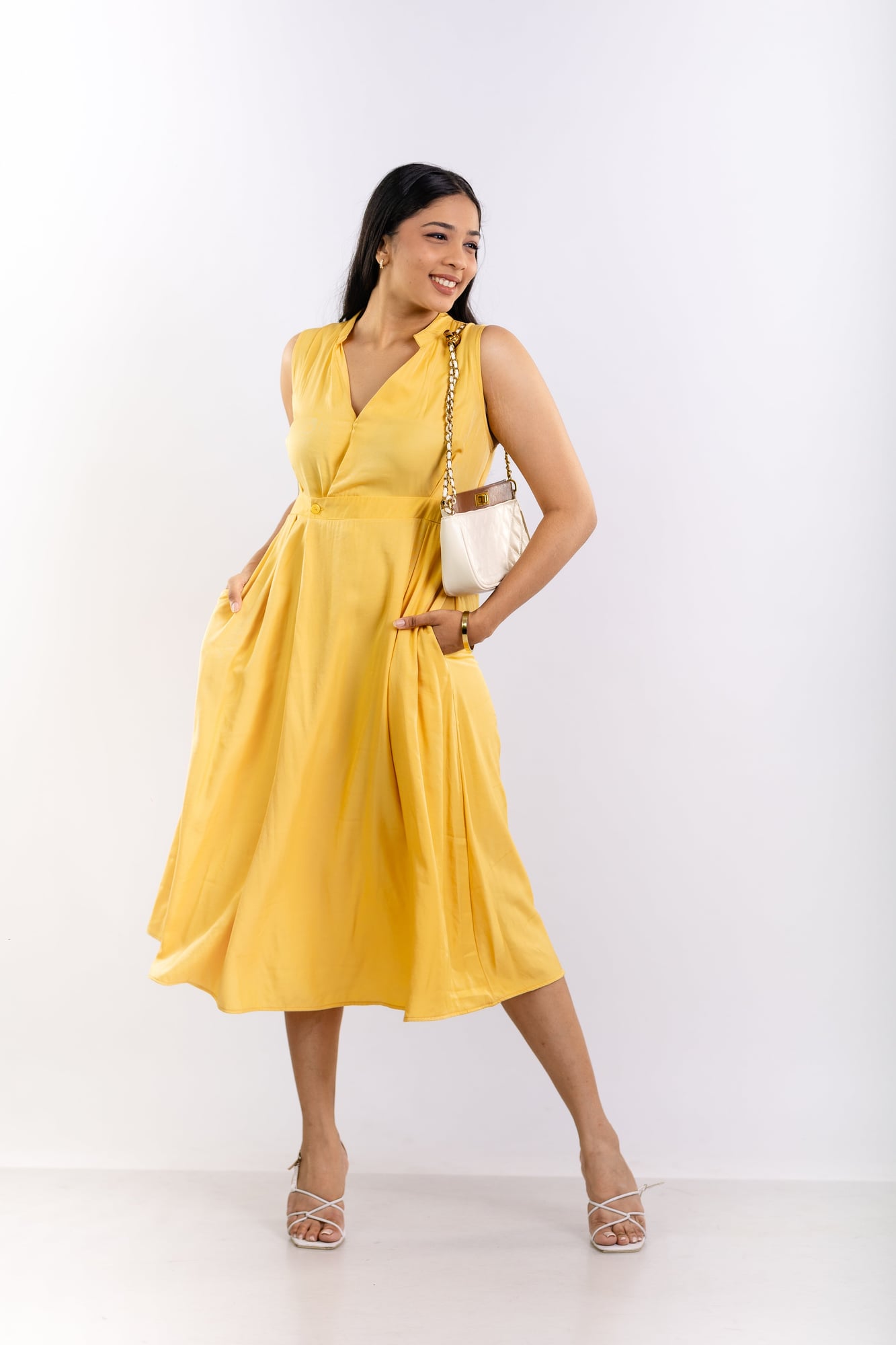 Golden Yellow Mandarin Collar Midi Dress