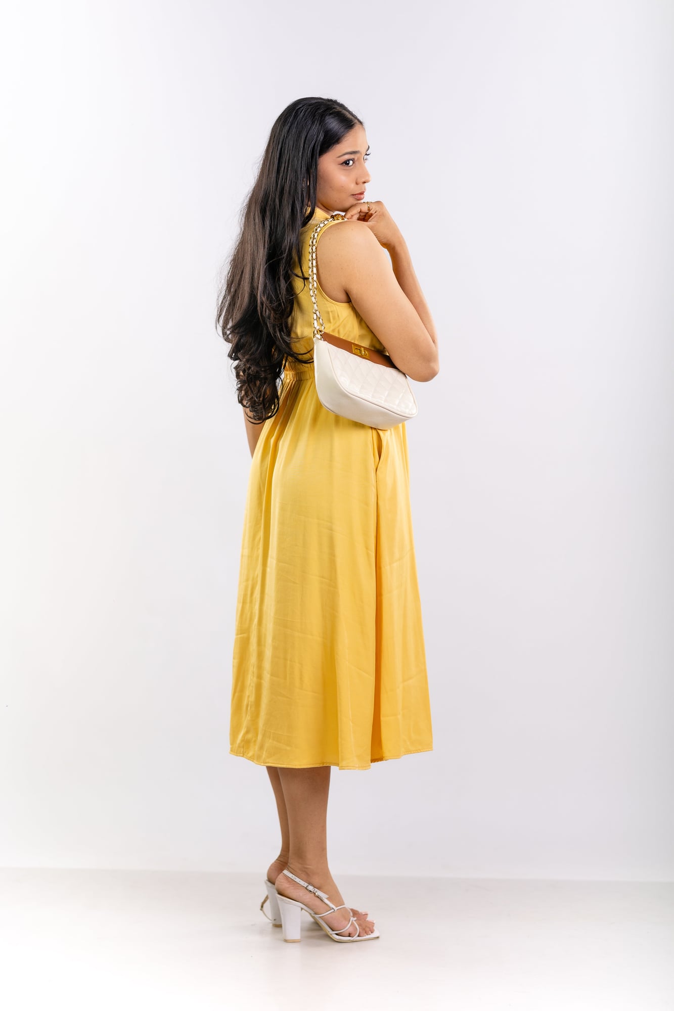 Golden Yellow Mandarin Collar Midi Dress