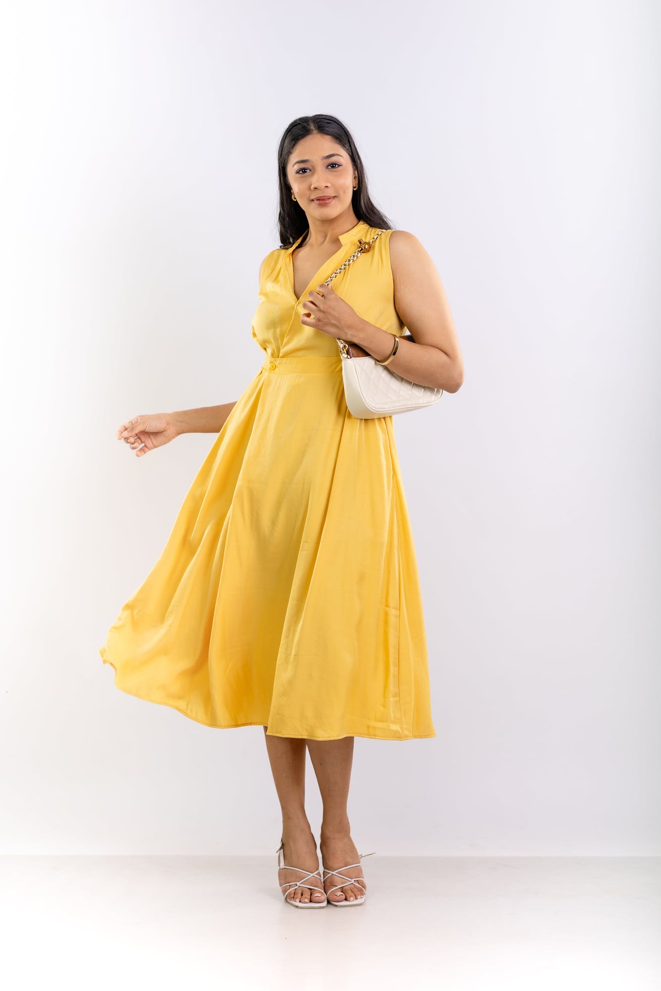 Golden Yellow Mandarin Collar Midi Dress