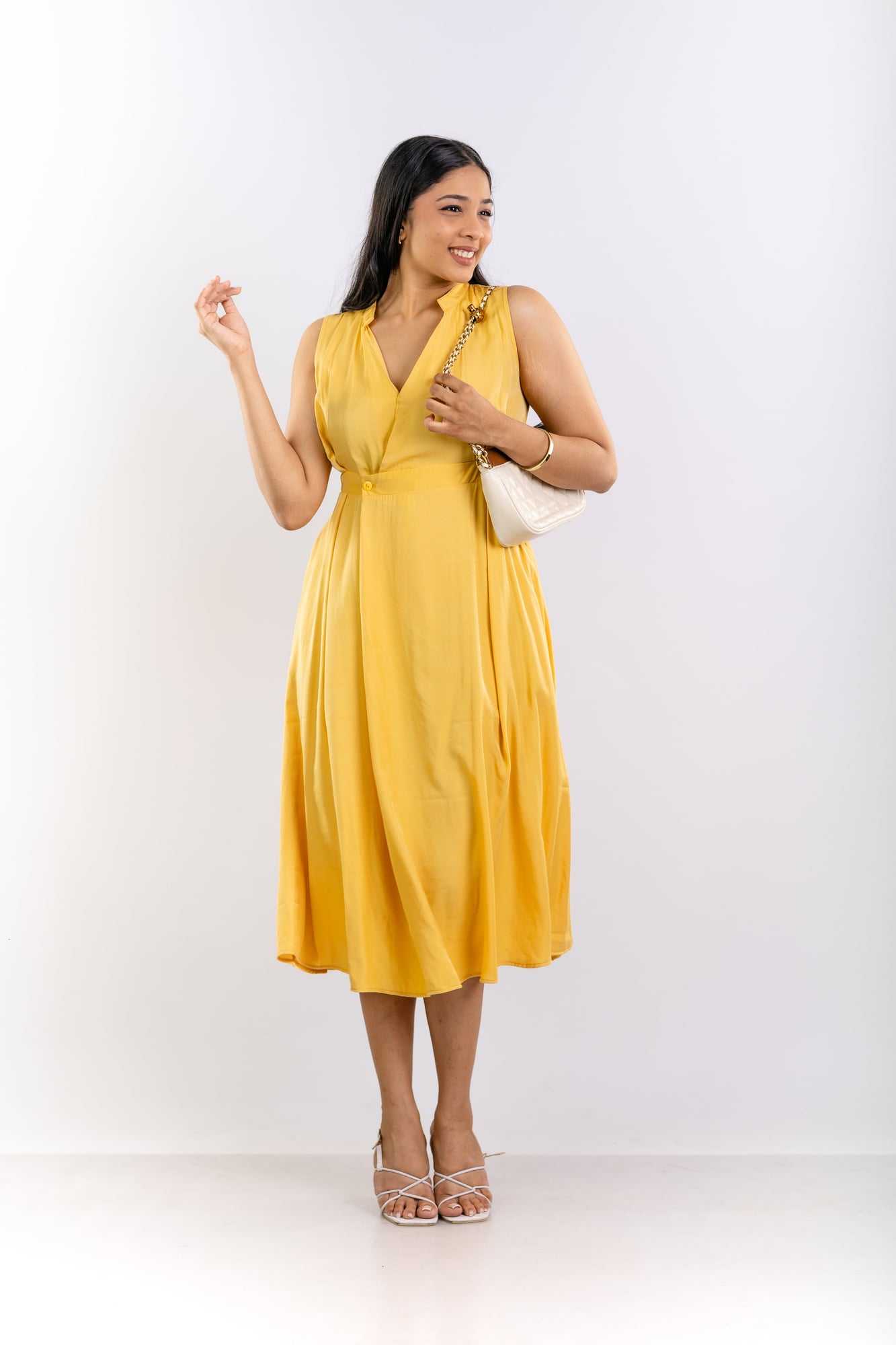 Golden Yellow Mandarin Collar Midi Dress