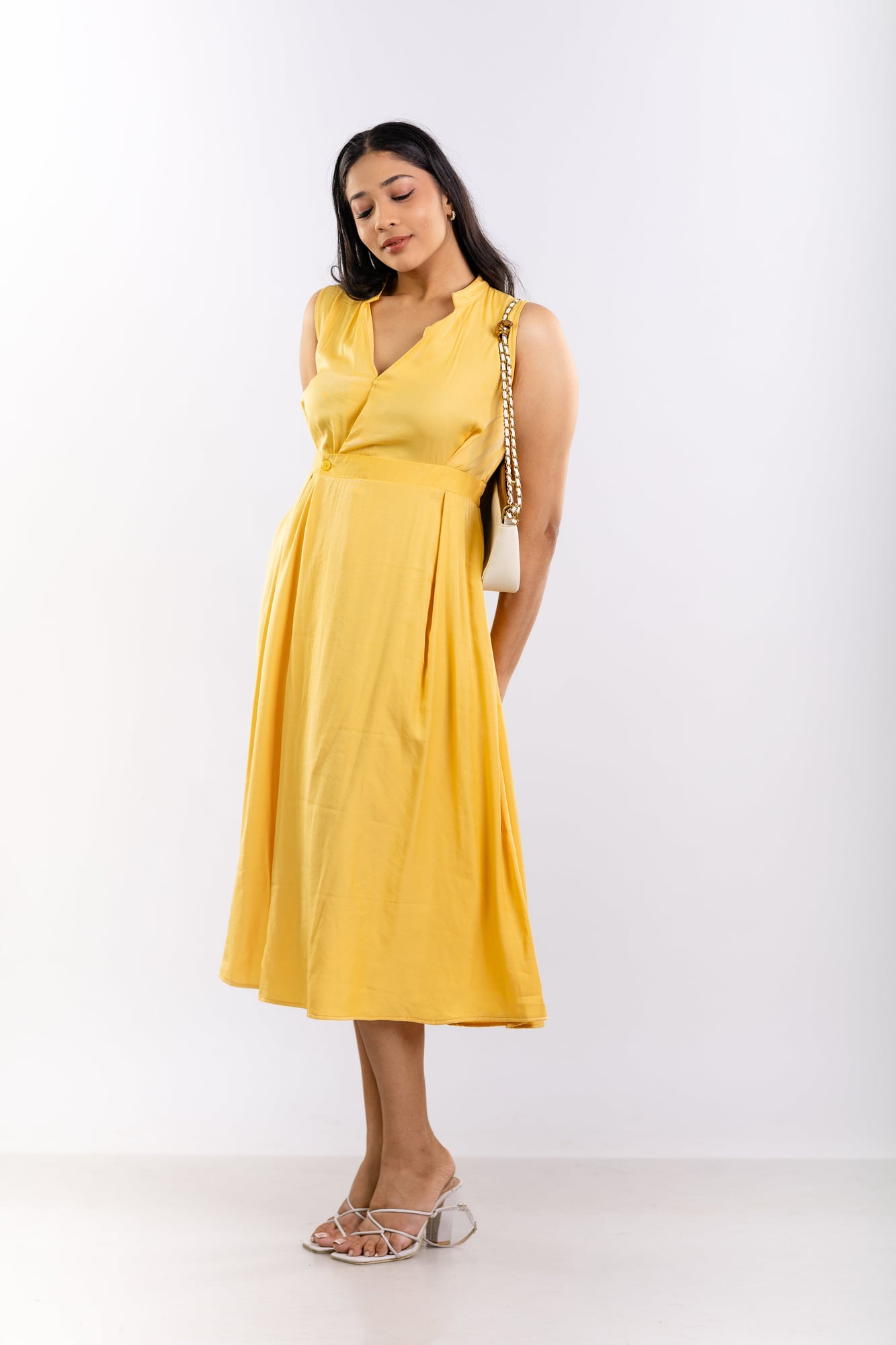 Golden Yellow Mandarin Collar Midi Dress