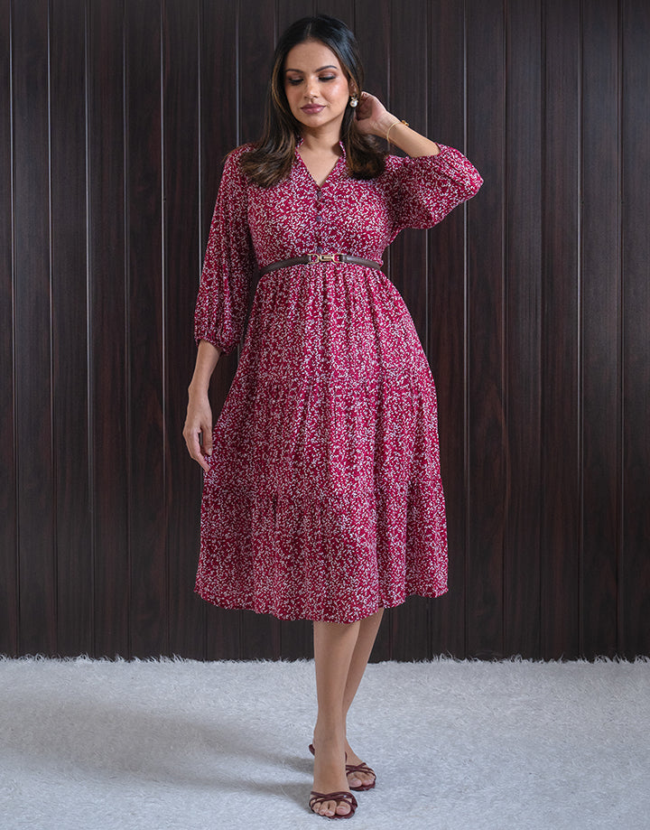 Half Placket Tiered Dress With Puff Sleeve