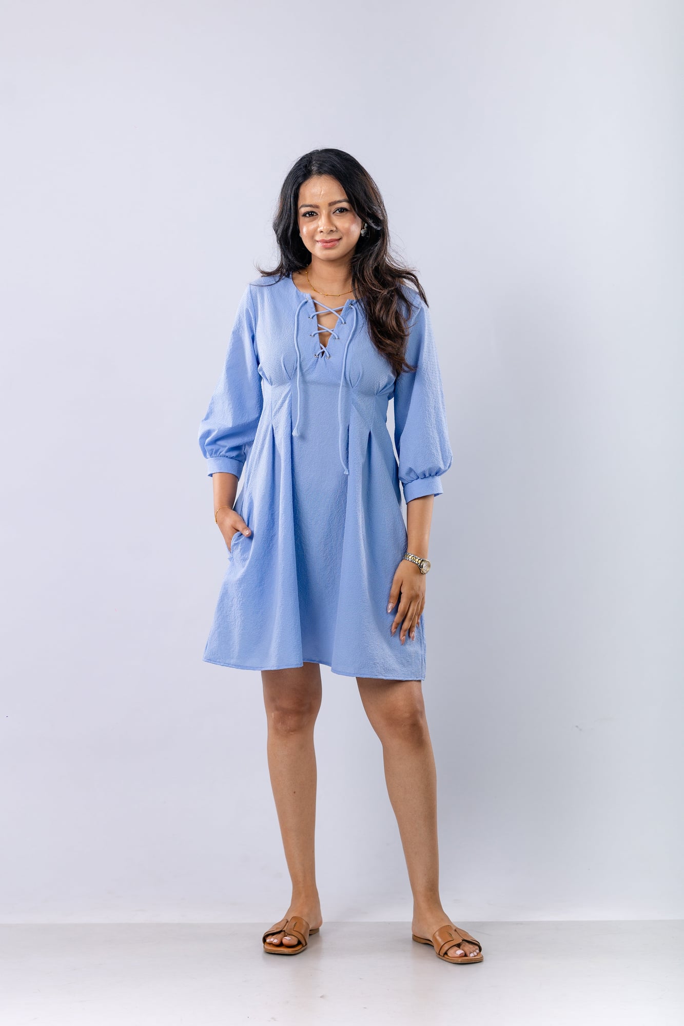 Lace-Up Textured Mini Dress