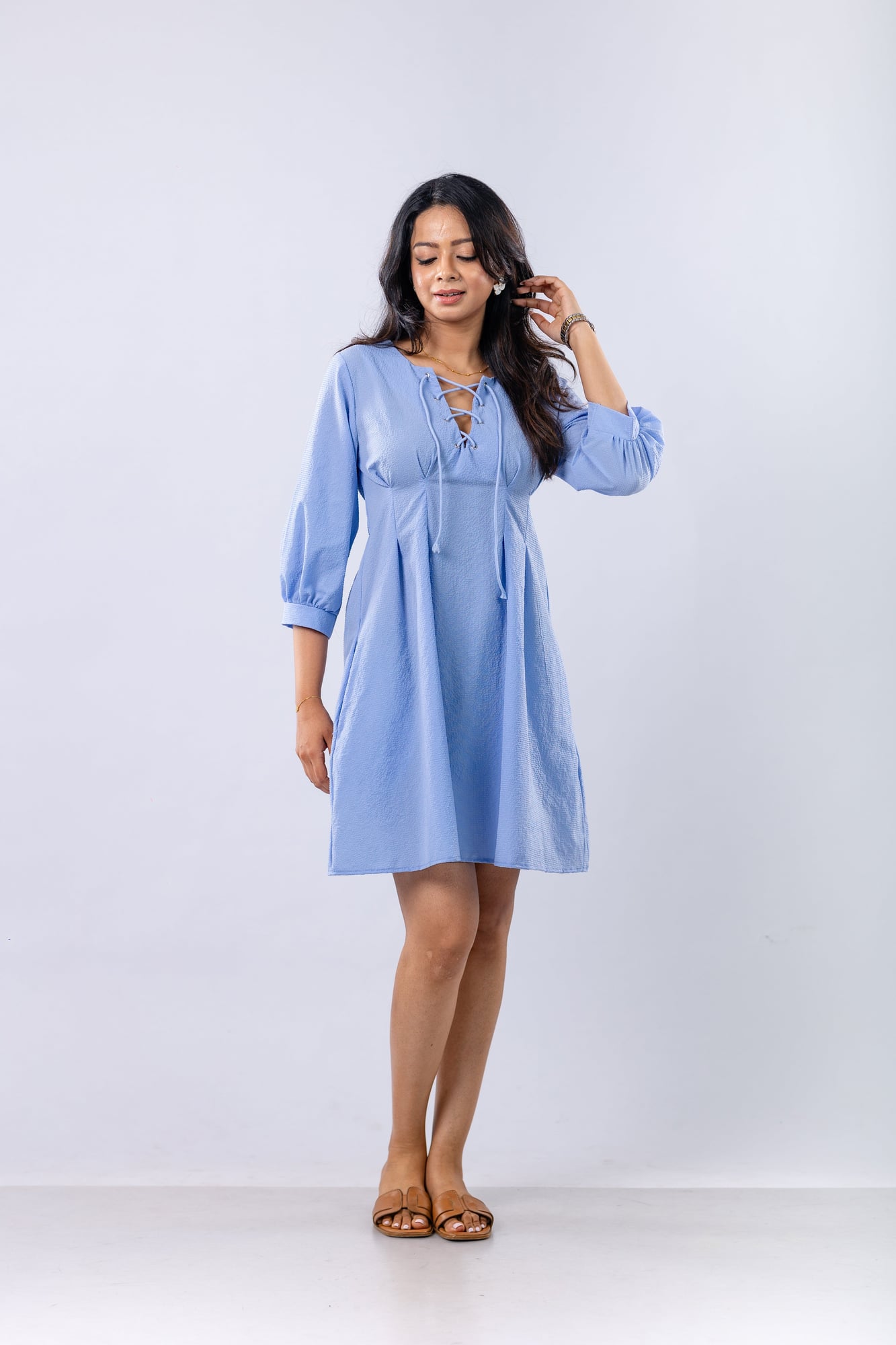 Lace-Up Textured Mini Dress