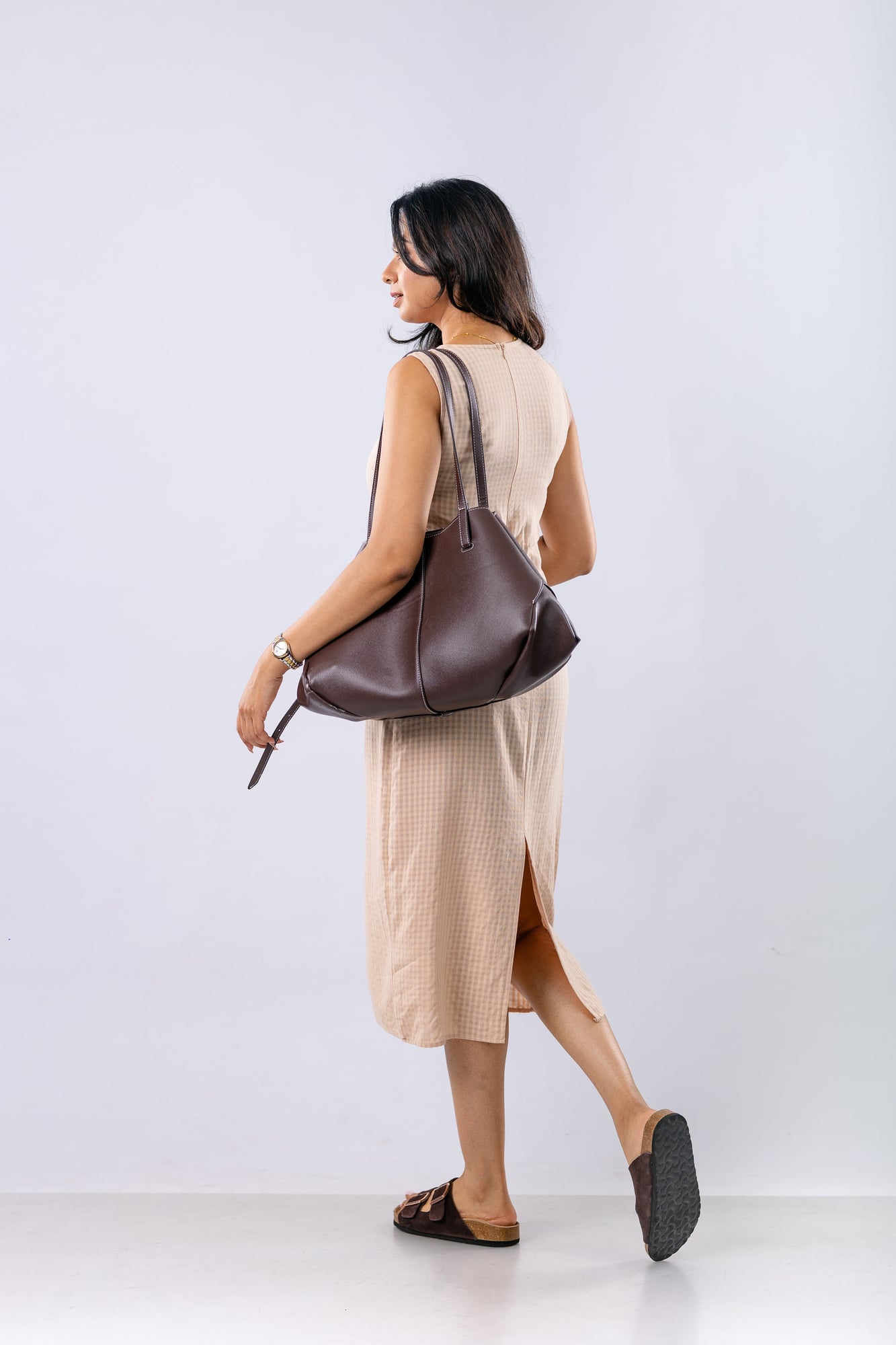 Beige Check Column Midi Dress