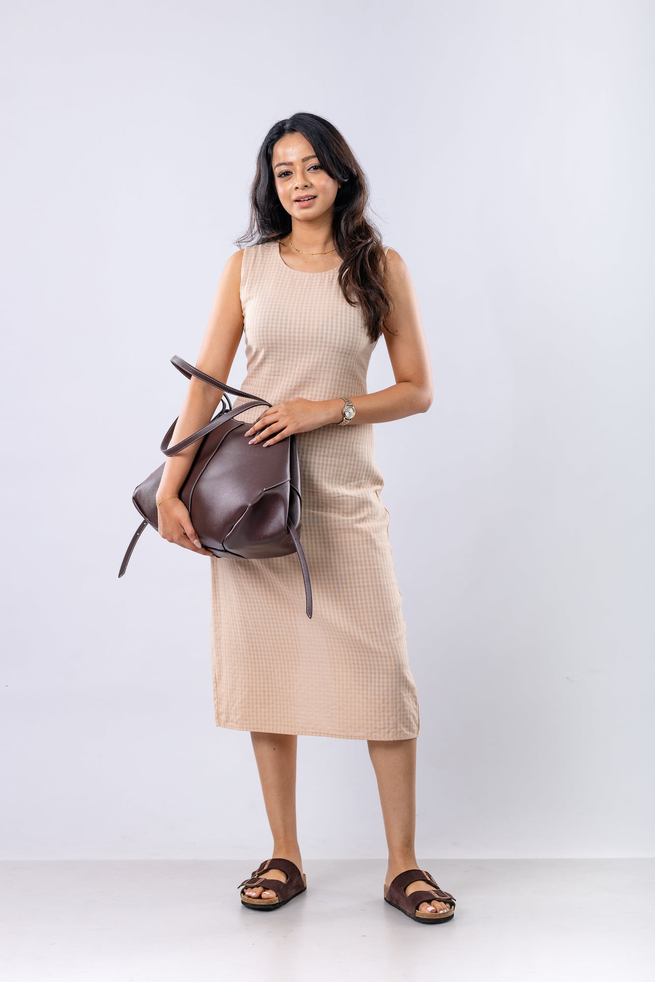 Beige Check Column Midi Dress