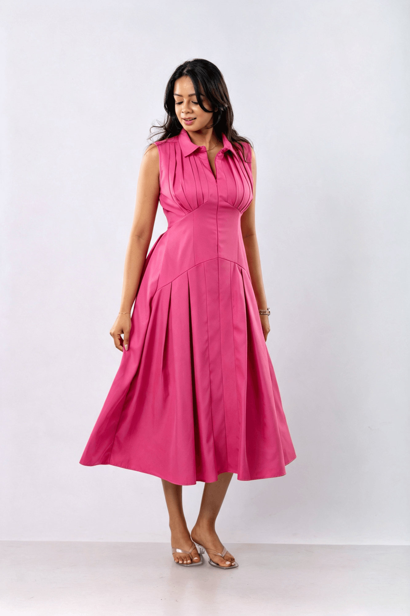 Pleated Midi Shirt Dress In Fuchsia