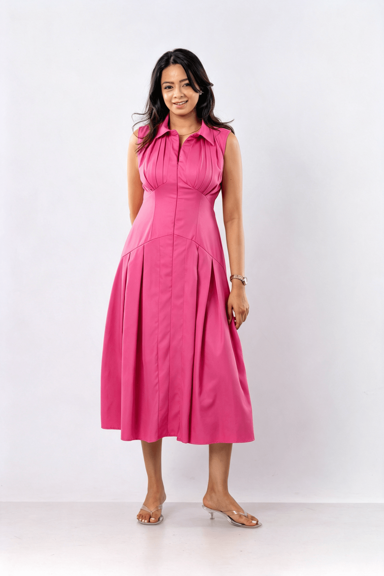 Pleated Midi Shirt Dress In Fuchsia