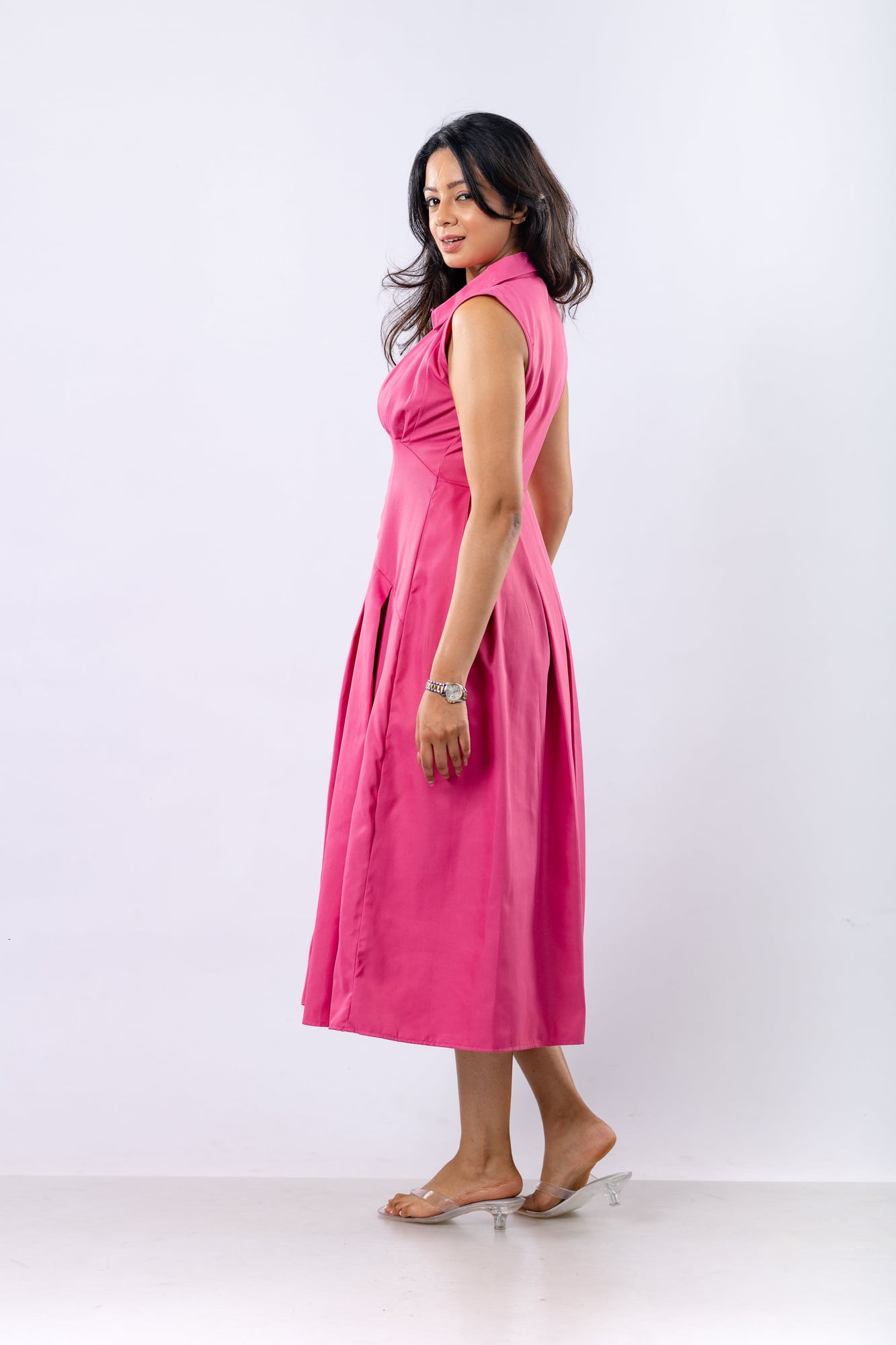 Pleated Midi Shirt Dress In Fuchsia