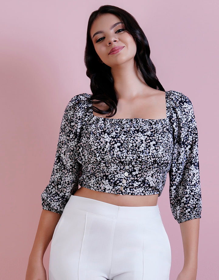 3/4 Sleeve Floral Crop Top
