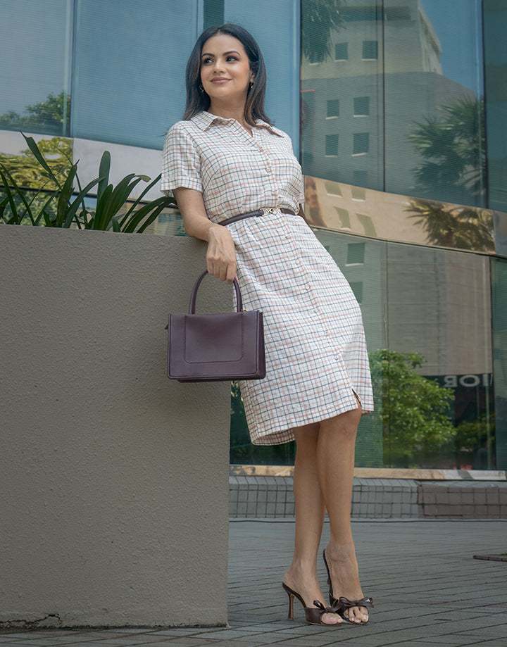 Short Sleeve Button Up Checked Dress