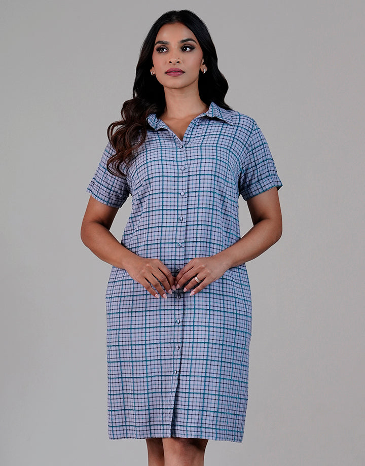 Short Sleeve Button Up Checked Dress