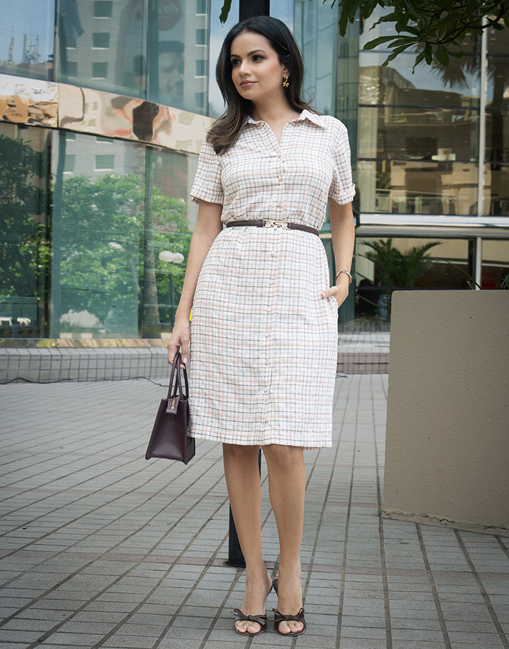 Short Sleeve Button Up Checked Dress