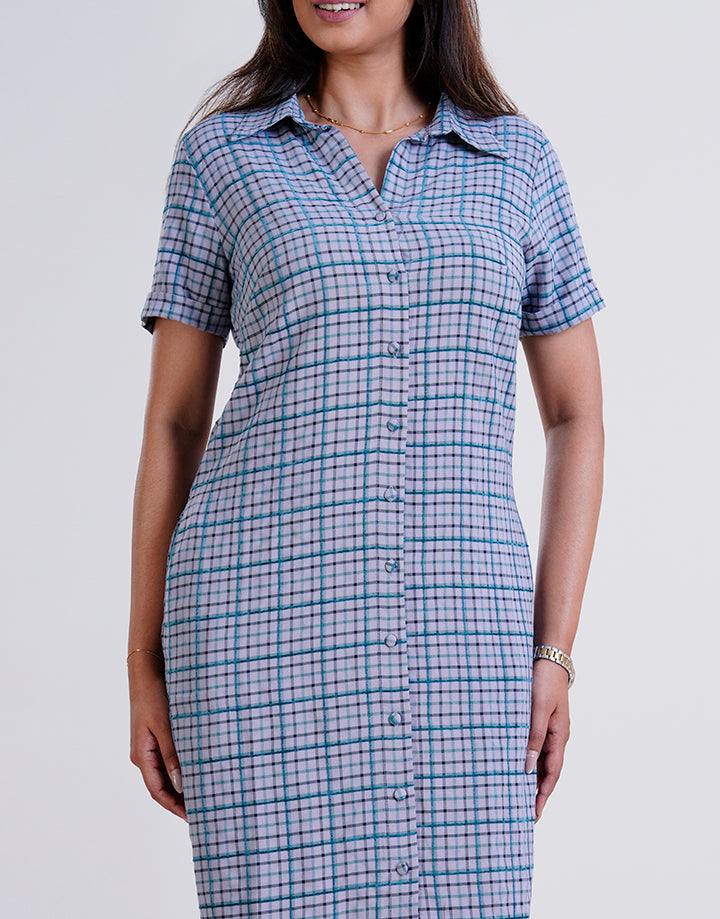 Short Sleeve Button Up Checked Dress