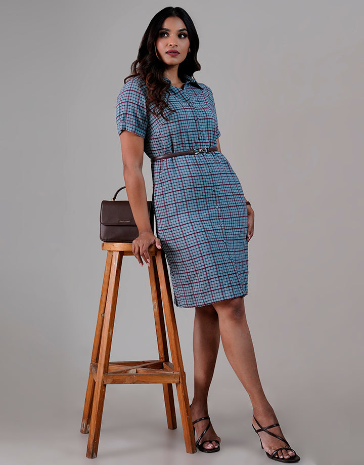 Short Sleeve Button Up Checked Dress