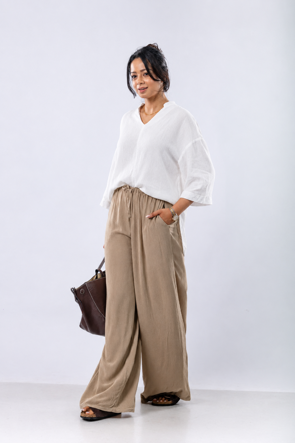 Linen Blend Elastic Waist Pant