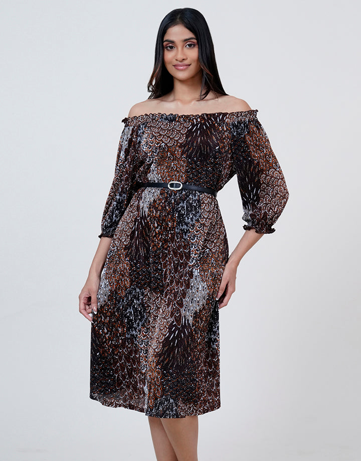 Off Shoulder Crape Dress with Puff Sleeve