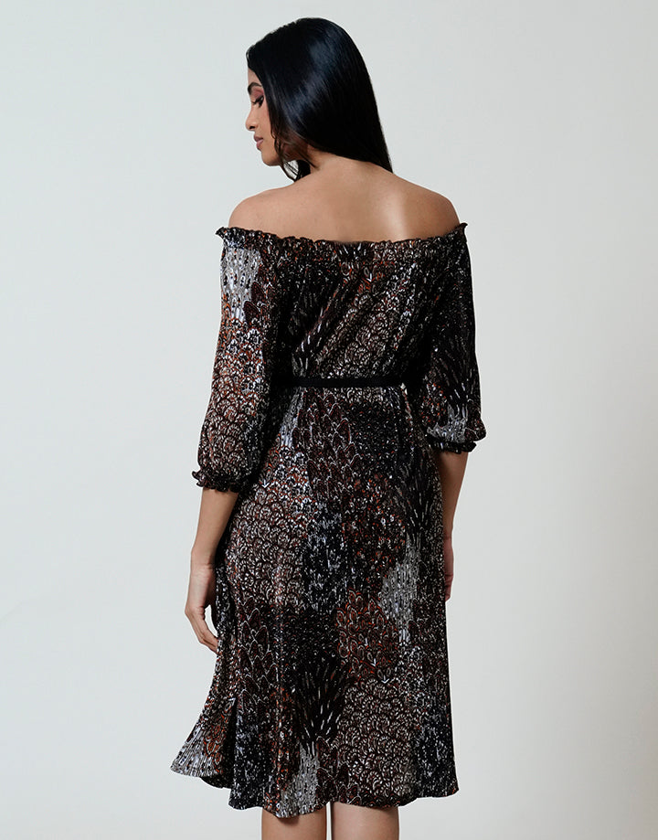 Off Shoulder Crape Dress with Puff Sleeve