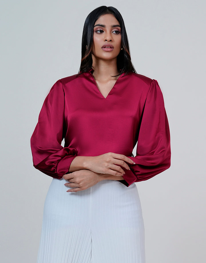 Half Chinese Collar Puff Sleeve Blouse