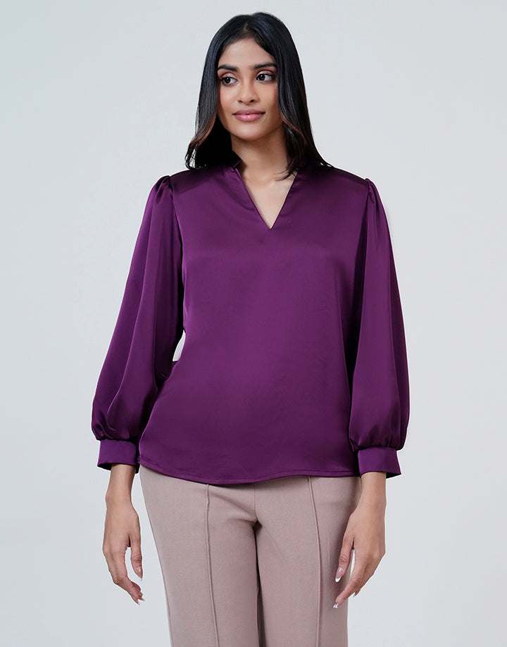 Half Chinese Collar Puff Sleeve Blouse