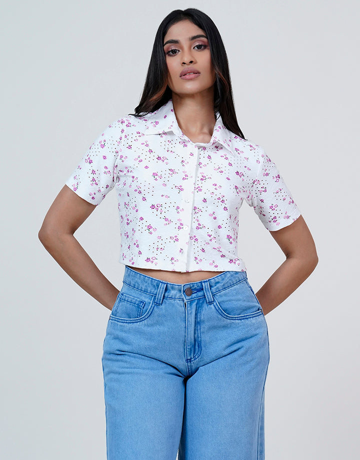 Short Sleeve Button Up Crop Top